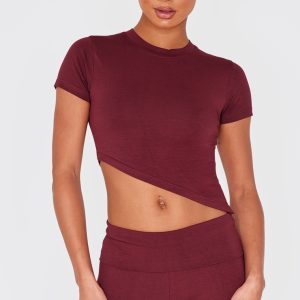 Burgundy Short Sleeve Asymmetrical Crop Top