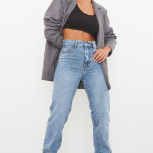 Mid Blue Wash Long Straight Leg Raw Hem Jeans