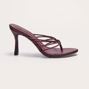 Burgundy Pu Round Toe Thong Strappy Mid Heeled Mules