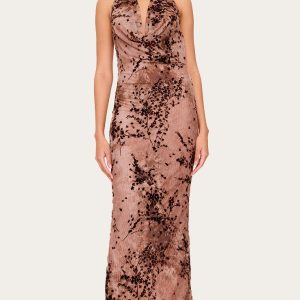 Brown Devore Cowl Neck Maxi Dress