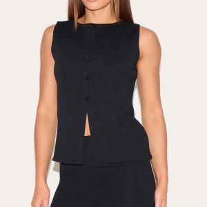 Tall Black Sleeveless Button Up Knitted Vest