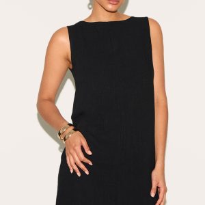 Black Textured Boat Neck Boxy Shift Dress