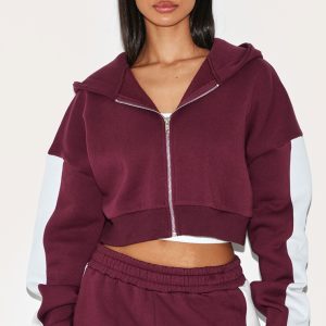 Petite Burgundy Stripe Detail Zip Up Hoodie
