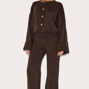 Petite Chocolate Knitted Fold Over Flare Trousers