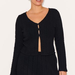 Plus Black Textured Long Sleeve Top