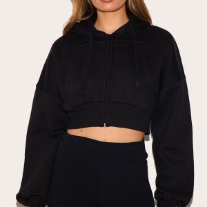 Black Zip Up Pocket Detail Cropped Hoodie