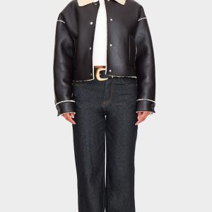 Black Textured Faux Leather Borg Trim Cropped Coat