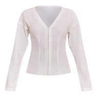 fbb39a133c2cb4940cb8829e3d3c381dc6fa9753_CNM6999_5_petite_white_collarless_hook_and_eye_cinched_waist_long_top