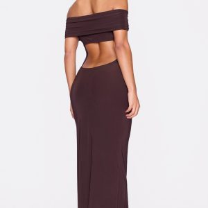 Chocolate Open Back Bardot Maxi Dress