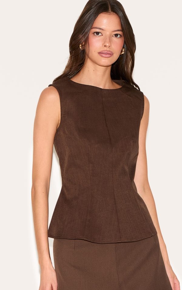 fbefa6fd11c17ab53bc48e5c0fbbf048fc3e212a_CNM6225_1_chocolate_woven_fitted_boatneck_peplum_top