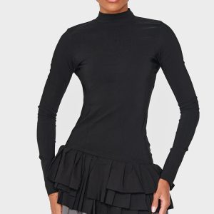 Black Stretch Woven Extreme Pleated Long Sleeve Shift Dress