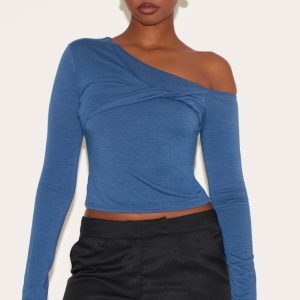 Petrol Blue Contour Jersey Asymmetric Twist Detail Long Sleeve Top