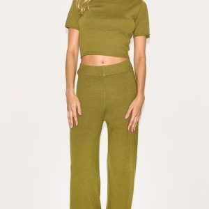 Olive Basic Knit Wide Leg Trousers