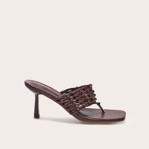 Chocolate Pu Square Toe Thong Woven Strap Mid Heeled Mules
