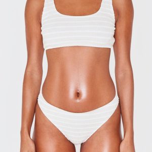 Cream Striped Crinkle Tanga Bikini Bottoms