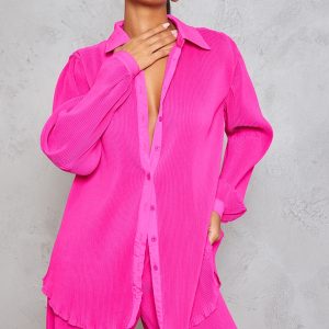 Hot Pink Plisse Button Front Oversized Shirt