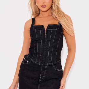 Black Denim Corset Contrast Stitch Top