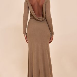 Chocolate Double Layer Onion Skin Cowl Back Maxi Dress