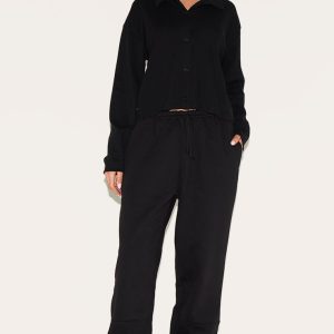 Black Straight Leg Cuffed Seam Detail Joggers