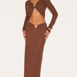 Mocha Pointelle Knit Trim Split Maxi Skirt