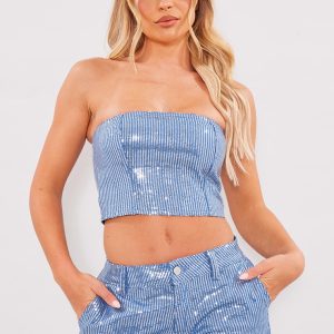 Light Blue Wash Sequin Bandeau Top