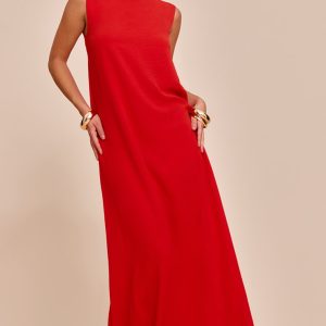 Red Textured Boat Neck Sleeveless Maxi Dress