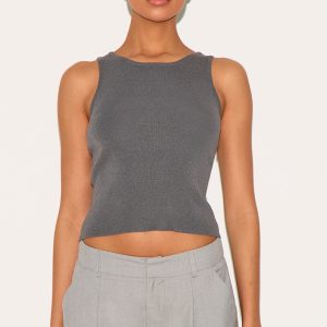 Charcoal Fine Knit  Racer Neck Top