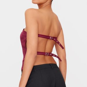 Burgundy Pinstripe Backless Belt Long Top