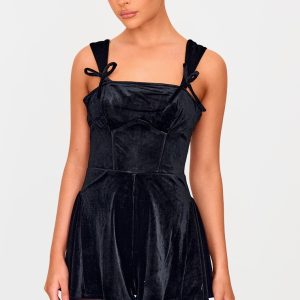 Black Velvet Strappy Bow Detail Playsuit
