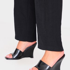 Black Croc PU Square Toe Wedge Heeled Sandals