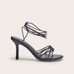 Black Pu Silver Buckle Round Toe Lace Up Heeled Sandals