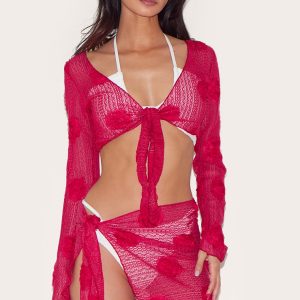 Red Textured Flower Trim Tie Front Beach Top