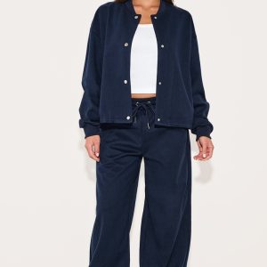 Navy Heavy Brushed Wide Leg Trousers