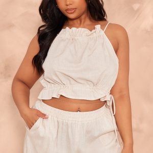 Plus Stone Marl Textured Drawstring Racer Crop Top