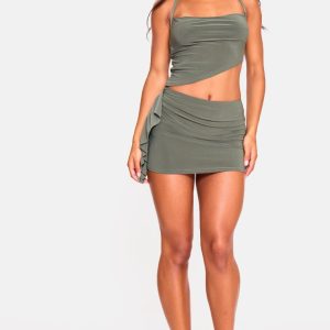 Khaki Ruched Drape Low Rise Micro Mini Skirt