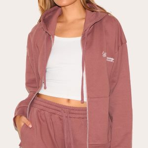 Mauve Healthy Body & Mind Premium Embroidered Zip Front Oversized Hoodie