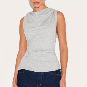 Grey Marl Cotton Ruched Waist Sleeveless Top