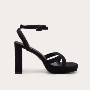 Black Faux Suede Square Toe Lace Up Flat Chunky Heeled Platforms