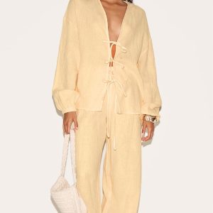 Lemon Textured Cheesecloth Wide Leg Trousers