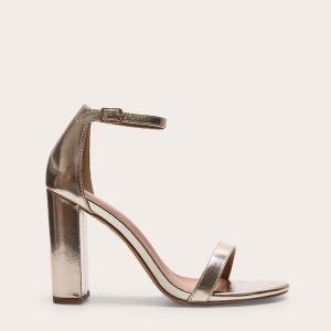 Gold Wide Fit Pu Round Toe Block Heeled Sandals