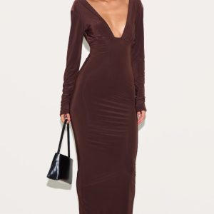 Deep Chocolate Double Layer Deep Plunge Maxi Dress