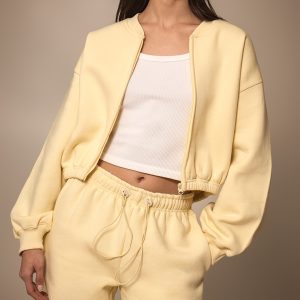 Butter Cream Drawcord Waist Cropped Zip Up Sweatshirt