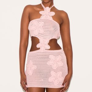 Dusty Pink Crochet Applique Flower Cut Out Mini Dress