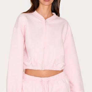 Baby Pink Drawcord Waist Cropped Zip Up Sweatshirt