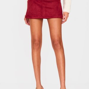 Burgundy Faux Suede Pocket Front Mini Skirt