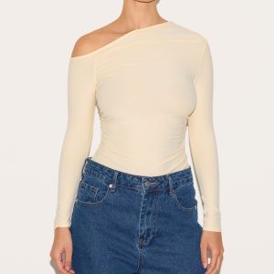 Almond Soft Touch Asymmetric Detail Long Sleeve Top