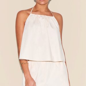 Petite Stone Poplin Low Back Halterneck Top