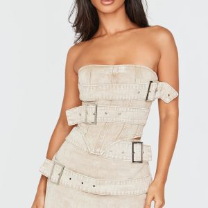 Petite Washed Stone Buckle Detail Denim Corset Top