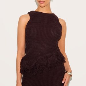 Petite Chocolate Fringe Edge Sleeveless Knit Top