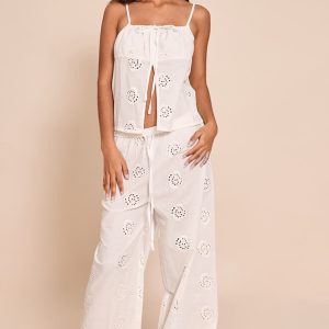 Petite White Linen Look Broderie Swirl Detail Straight Leg Trousers